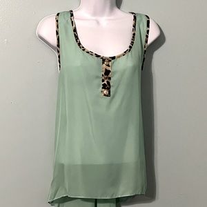 E‎ M. Tank Top Teal Size Large Sleeveless Animal Print Trim Sheer